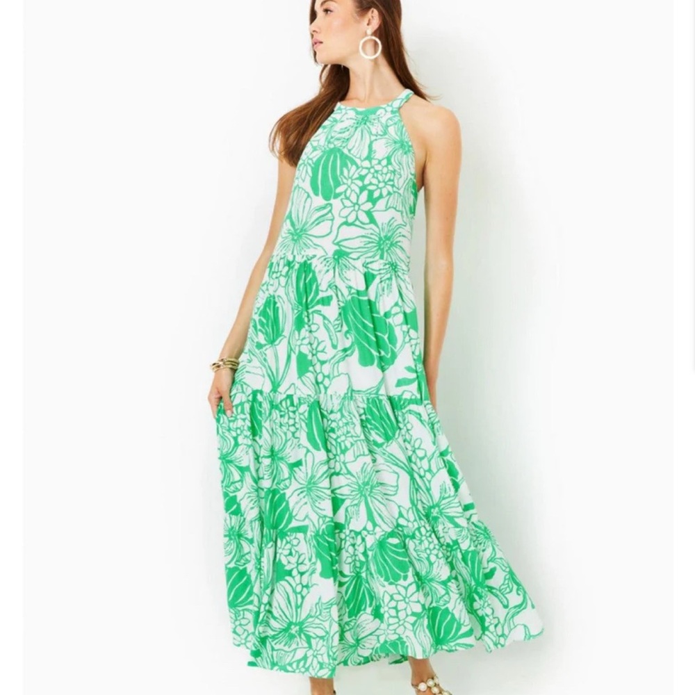 NEW LILLY PULITZER beccalyn halter maxi dress in spearmint oversized kiss my tul